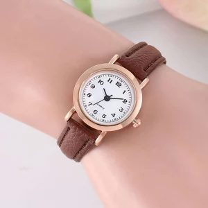 1pc Women Litchi Embossed Brown PU Polyurethane Strap Elegant Round Dial Quartz Watch