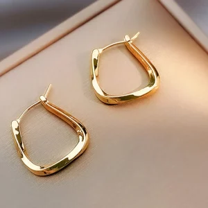 1pair Gold-Tone Asymmetrical Geometric-Shaped Hoop Earrings Suitable For Women's Daily Wear To Work